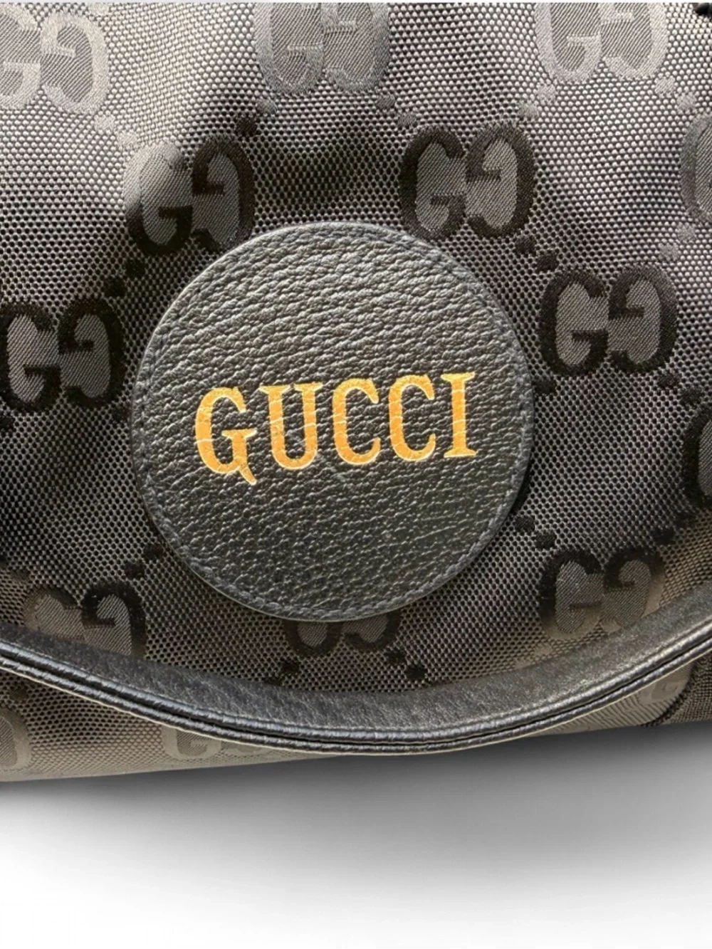 Gucci GG Canvas Duffel Bag – Black Monogram Gold Logo Travel Bag with Strap